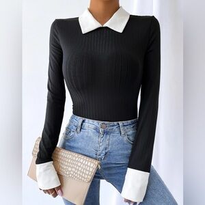 Black & White Collared Blouse Top Leotard in Medium